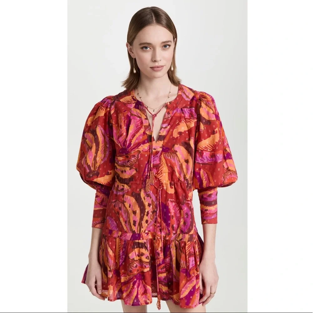Farm Rio Red Banana Metallic Long Sleeve Mini Dress NWT M L - Picture 2 of 12